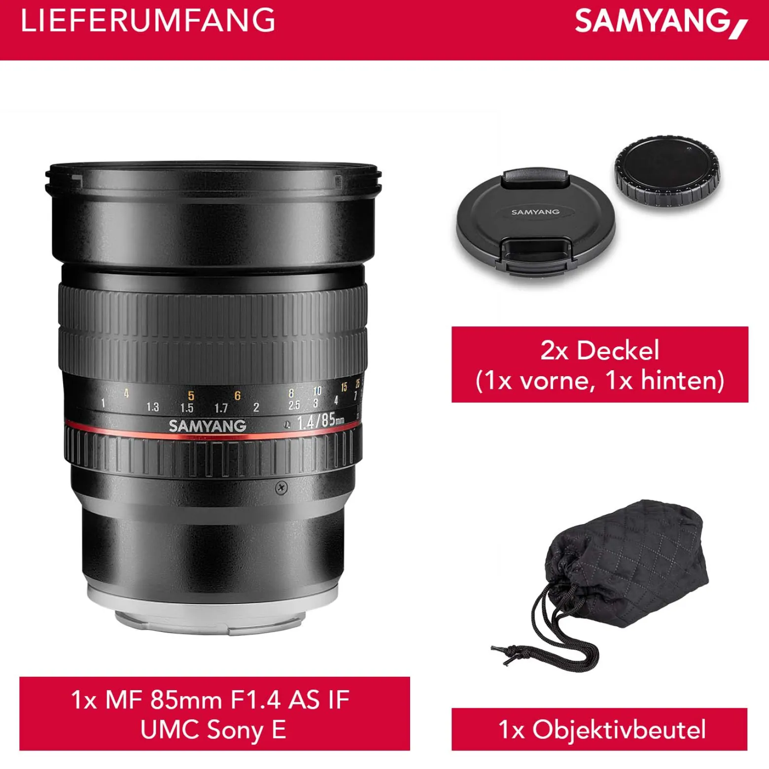 Samyang MF 85 mm Objektiv F1.4 AS IF UMC kompatibel mit Sony E, Kameraobjektiv für Vollformat und APS-C Kameras, hochwertiges Portraitobjektiv mit Innenfokussierung, hohe Lichtstärke