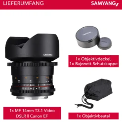 SAMYANG 14mm T3.1 VDSLR ED AS IF UMC II Canon EF manueller Fokus Videoobjektiv 0,8 Zahnkranz Gear, Weitwinkelobjektiv schwarz
