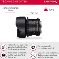 SAMYANG 14mm T3.1 VDSLR ED AS IF UMC II Canon EF manueller Fokus Videoobjektiv 0,8 Zahnkranz Gear, Weitwinkelobjektiv schwarz