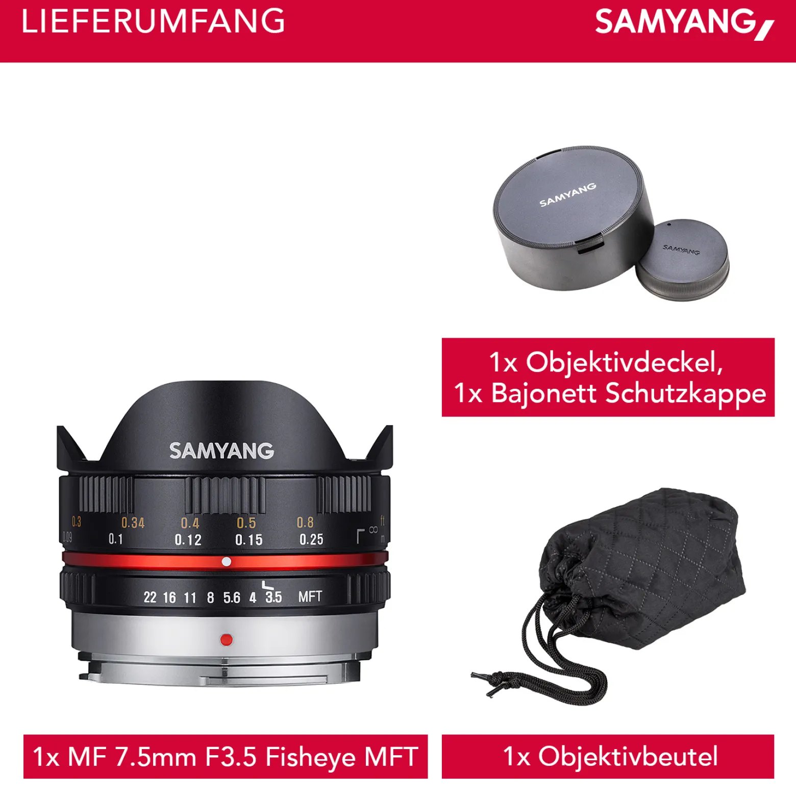 Samyang Objektiv MF 7,5mm F3,5 Fisheye MFT APS-C Sensor, 180° Bildwinkel, ideal für Reportage & enge Räume