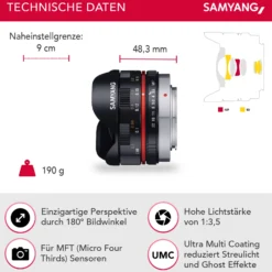 Samyang Objektiv MF 7,5mm F3,5 Fisheye MFT APS-C Sensor, 180° Bildwinkel, ideal für Reportage & enge Räume