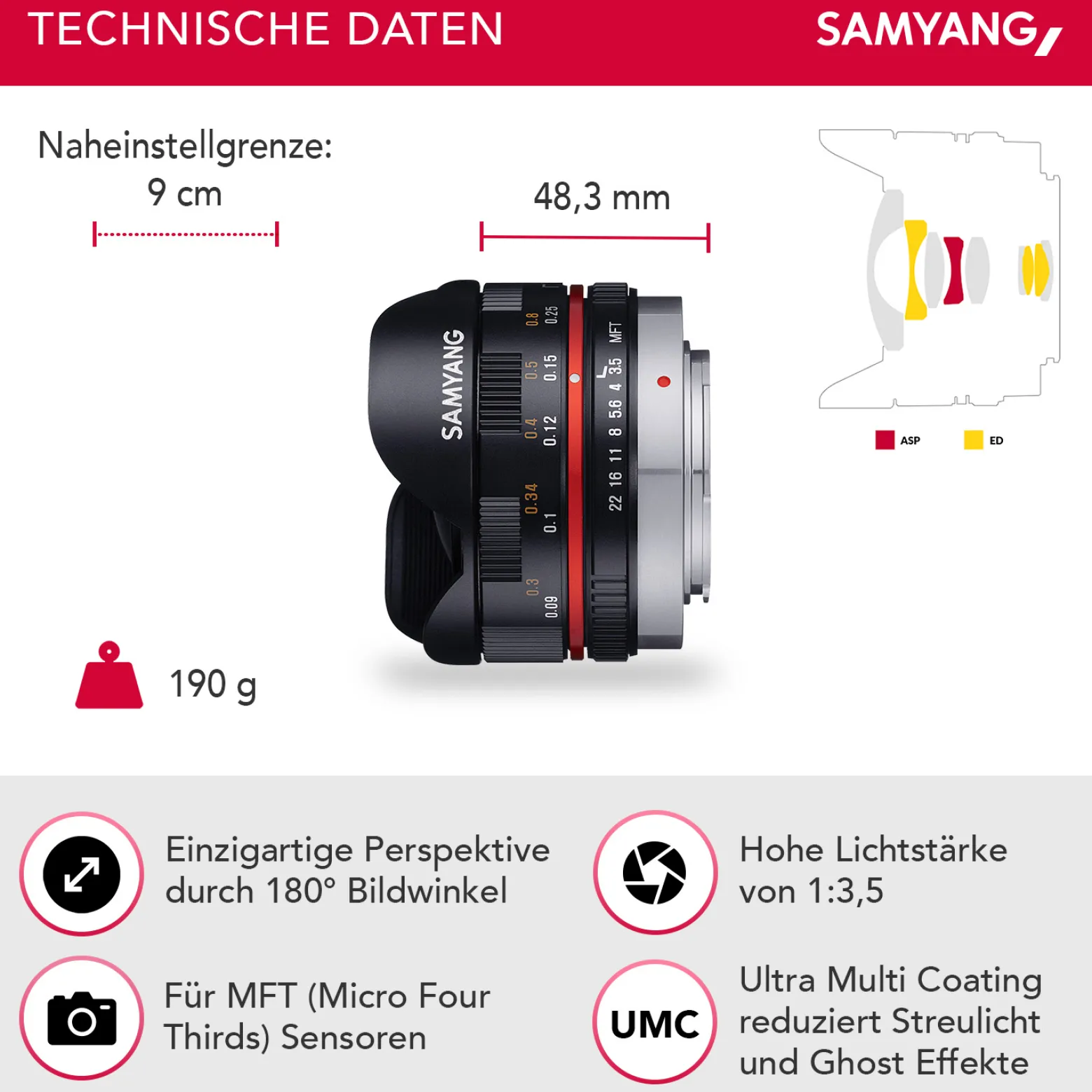 Samyang Objektiv MF 7,5mm F3,5 Fisheye MFT APS-C Sensor, 180° Bildwinkel, ideal für Reportage & enge Räume