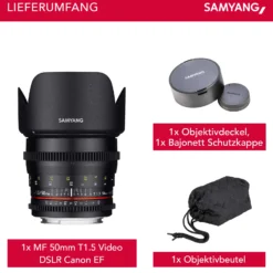 Samyang 50/1,5 Objektiv Video DSLR Canon EF manueller Fokus Videoobjektiv 0,8 Zahnkranz Gear, Porträtobjektiv schwarz, 50mm