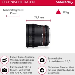 Samyang 50/1,5 Objektiv Video DSLR Canon EF manueller Fokus Videoobjektiv 0,8 Zahnkranz Gear, Porträtobjektiv schwarz, 50mm