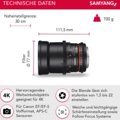 Samyang 35/1,5 Objektiv Video DSLR II Canon EF manueller Fokus Videoobjektiv 0,8 Zahnkranz Gear, Weitwinkelobjektiv schwarz
