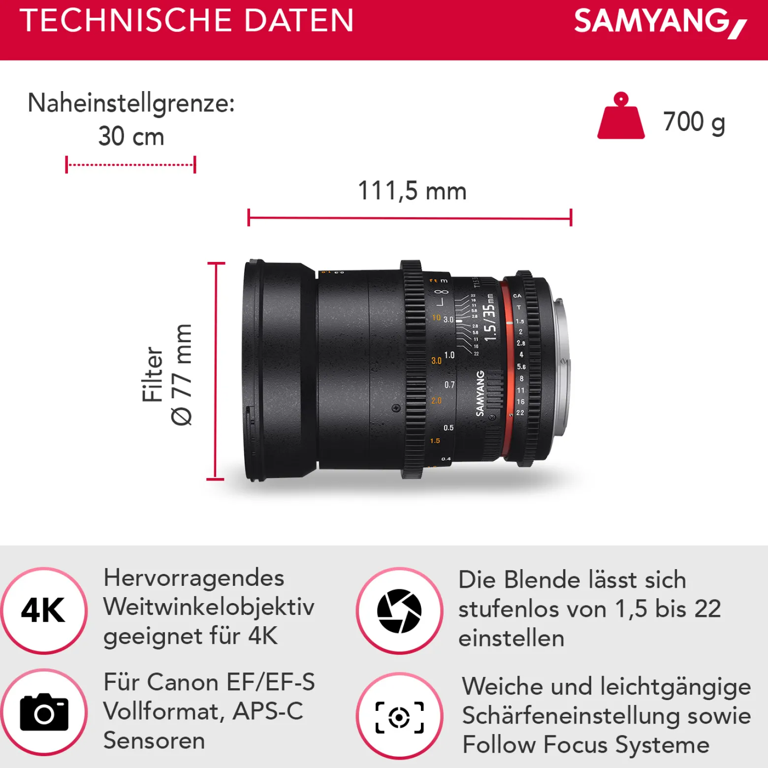 Samyang 35/1,5 Objektiv Video DSLR II Canon EF manueller Fokus Videoobjektiv 0,8 Zahnkranz Gear, Weitwinkelobjektiv schwarz