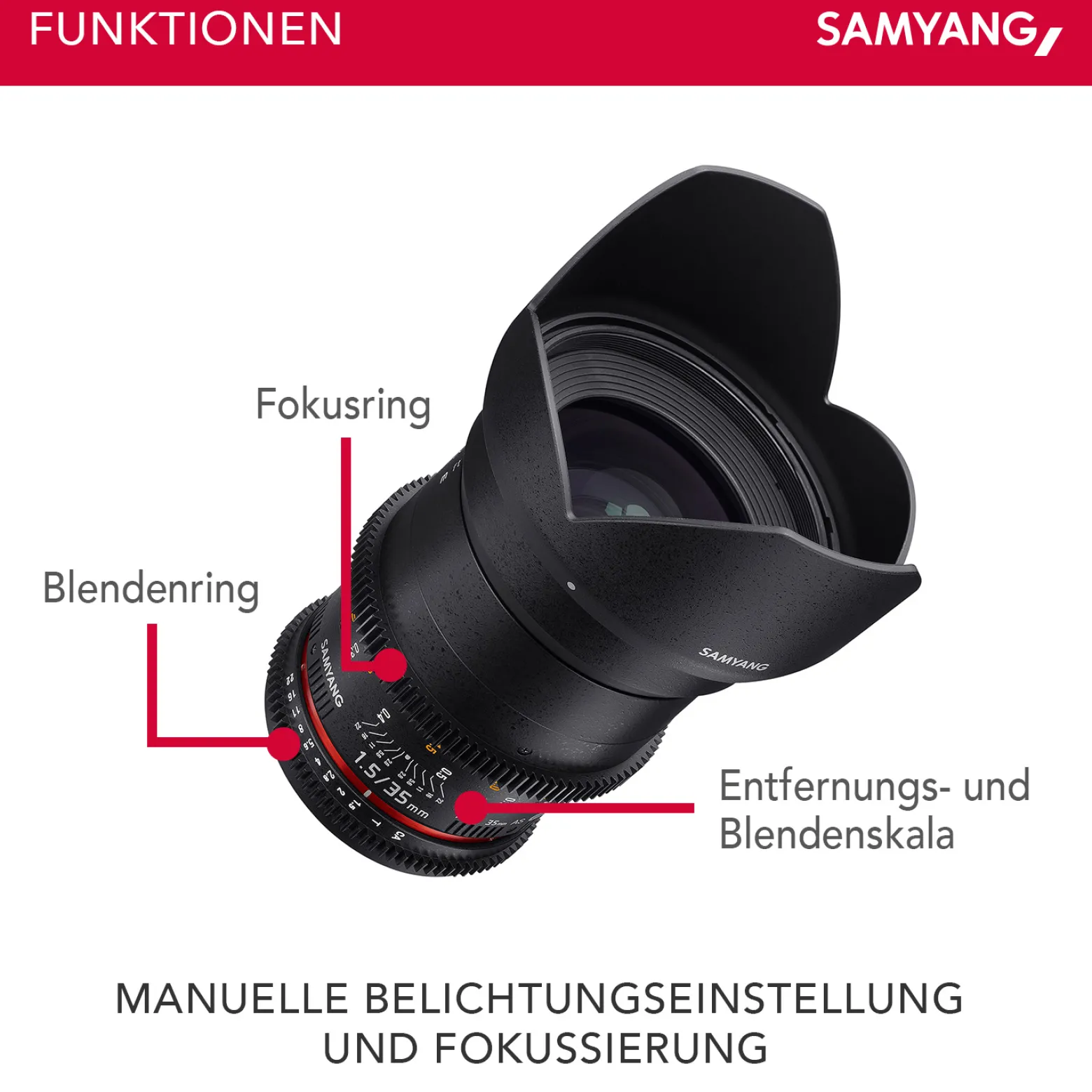 Samyang 35/1,5 Objektiv Video DSLR II Canon EF manueller Fokus Videoobjektiv 0,8 Zahnkranz Gear, Weitwinkelobjektiv schwarz