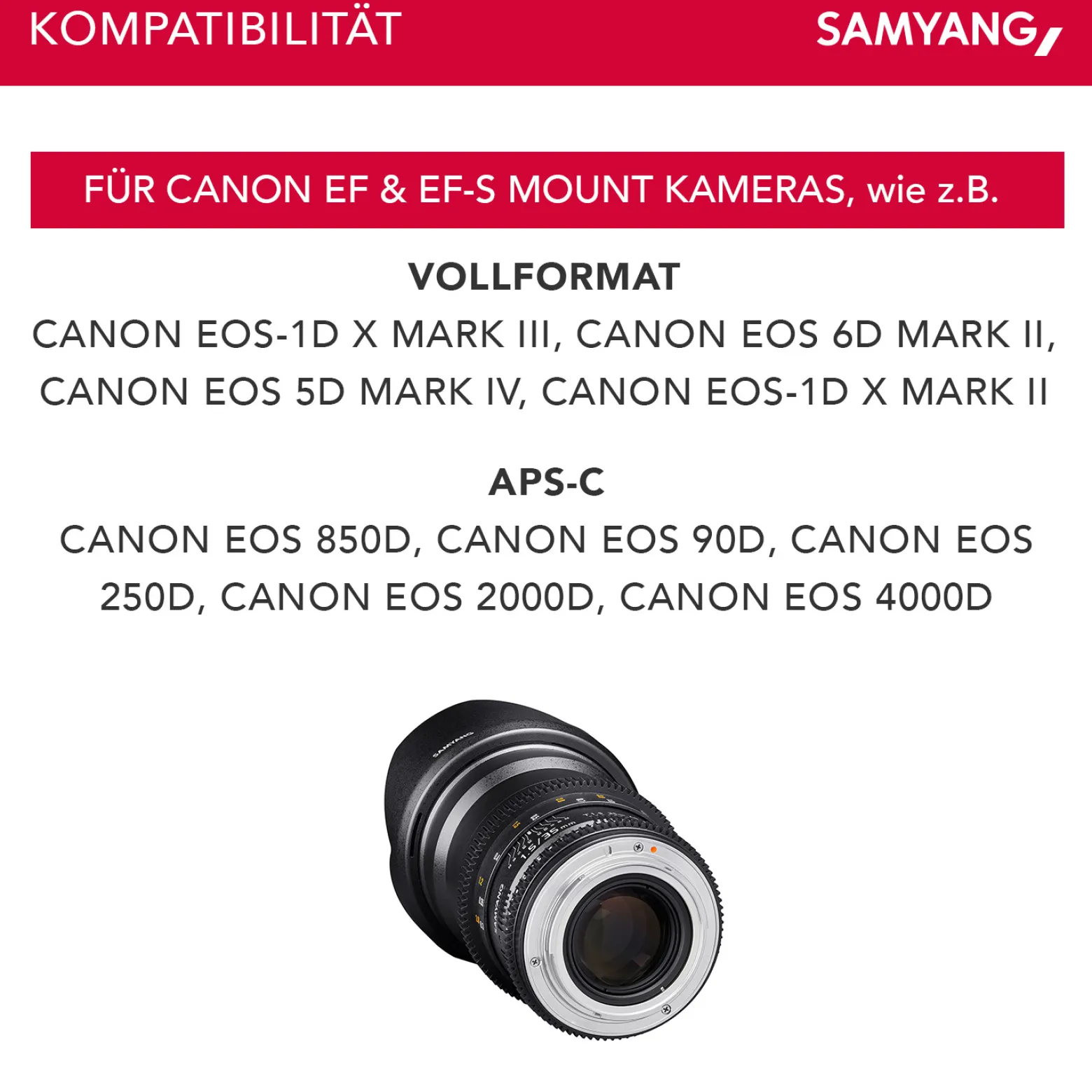 Samyang 35/1,5 Objektiv Video DSLR II Canon EF manueller Fokus Videoobjektiv 0,8 Zahnkranz Gear, Weitwinkelobjektiv schwarz