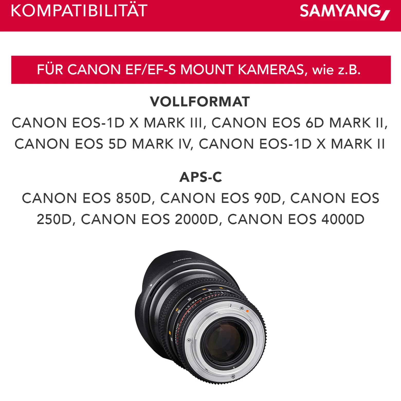 Samyang 24/1,5 Objektiv Video DSLR II Canon EF manueller Fokus Videoobjektiv 0,8 Zahnkranz Gear, Weitwinkelobjektiv schwarz