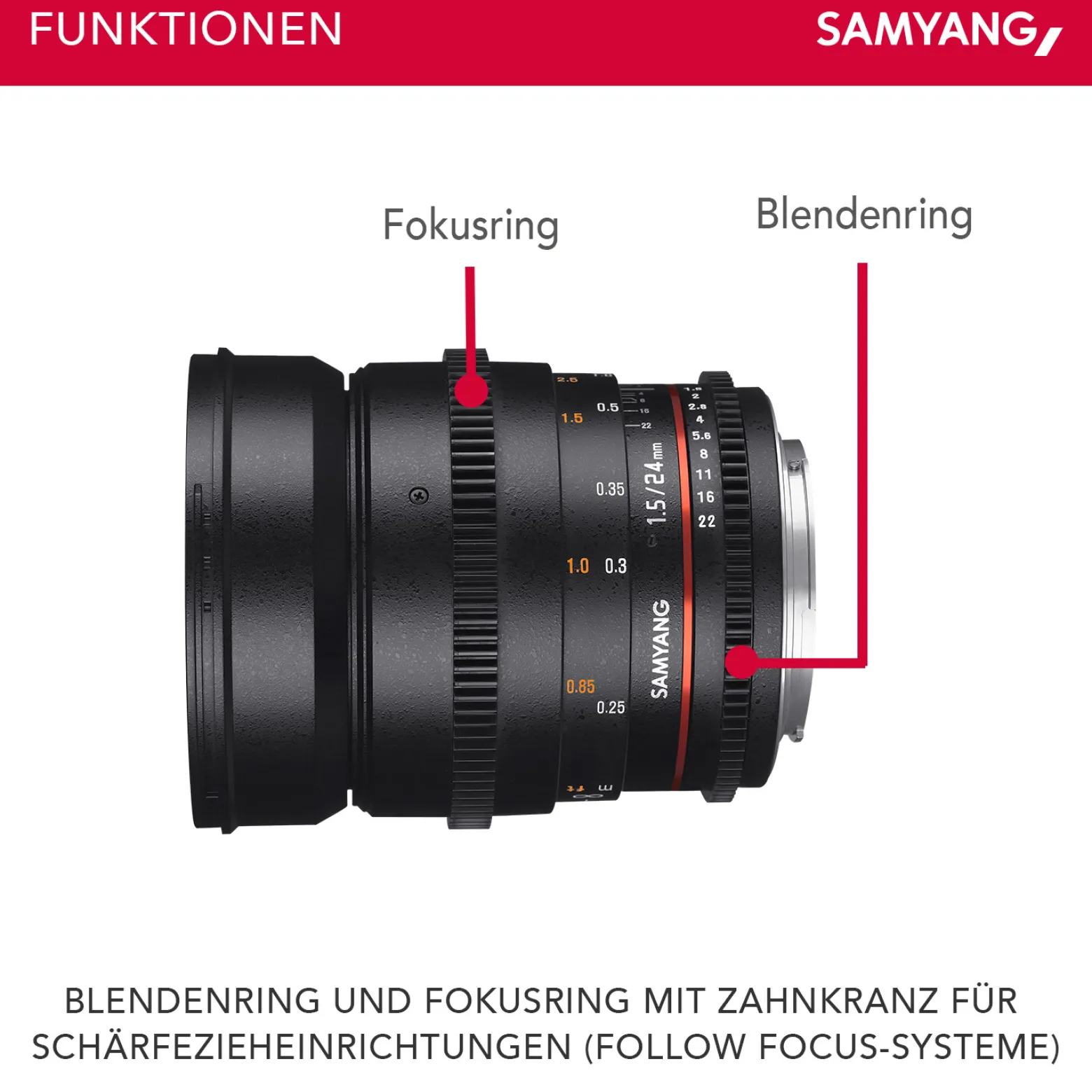 Samyang 24/1,5 Objektiv Video DSLR II Canon EF manueller Fokus Videoobjektiv 0,8 Zahnkranz Gear, Weitwinkelobjektiv schwarz