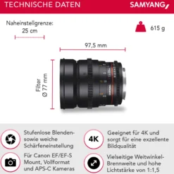 Samyang 24/1,5 Objektiv Video DSLR II Canon EF manueller Fokus Videoobjektiv 0,8 Zahnkranz Gear, Weitwinkelobjektiv schwarz