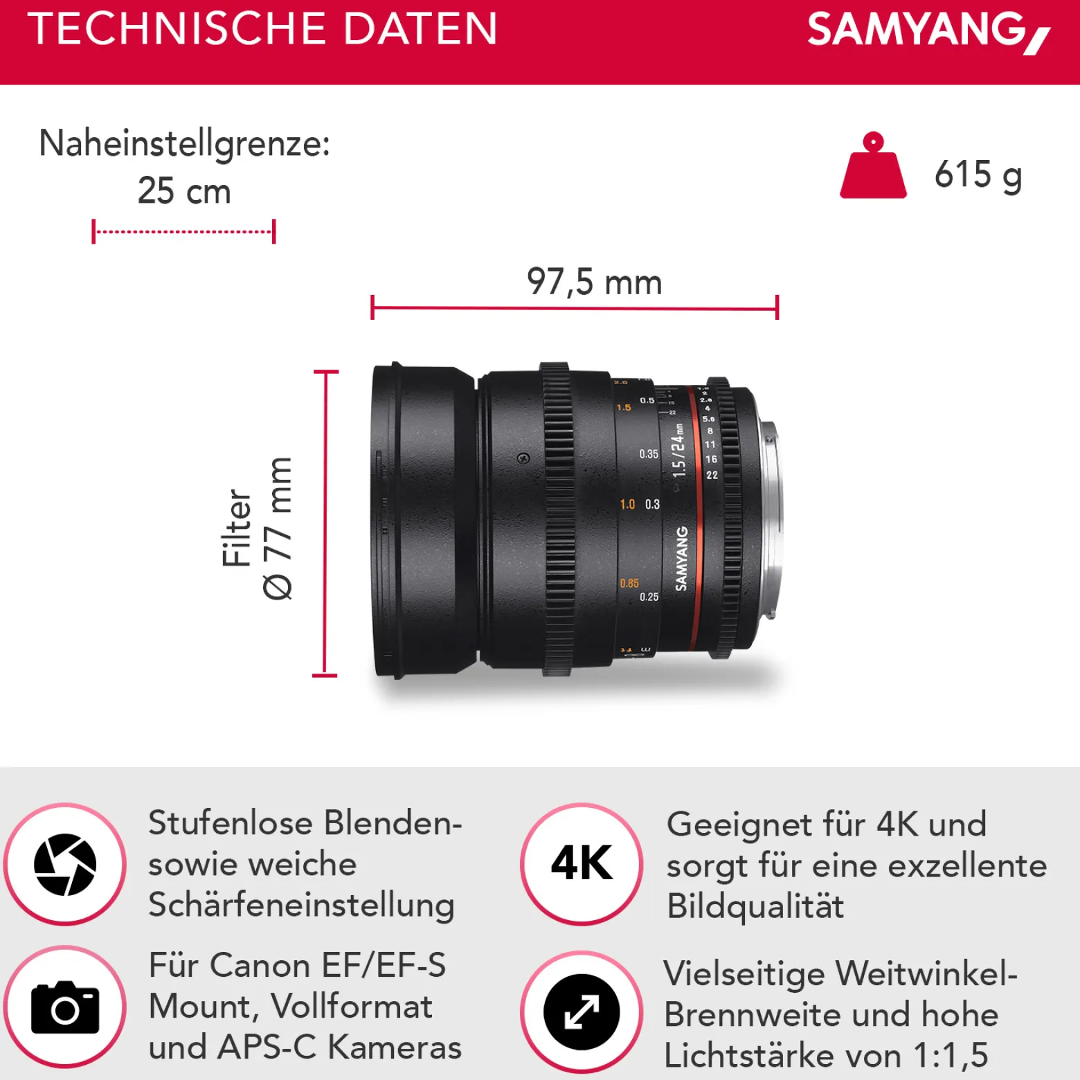 Samyang 24/1,5 Objektiv Video DSLR II Canon EF manueller Fokus Videoobjektiv 0,8 Zahnkranz Gear, Weitwinkelobjektiv schwarz