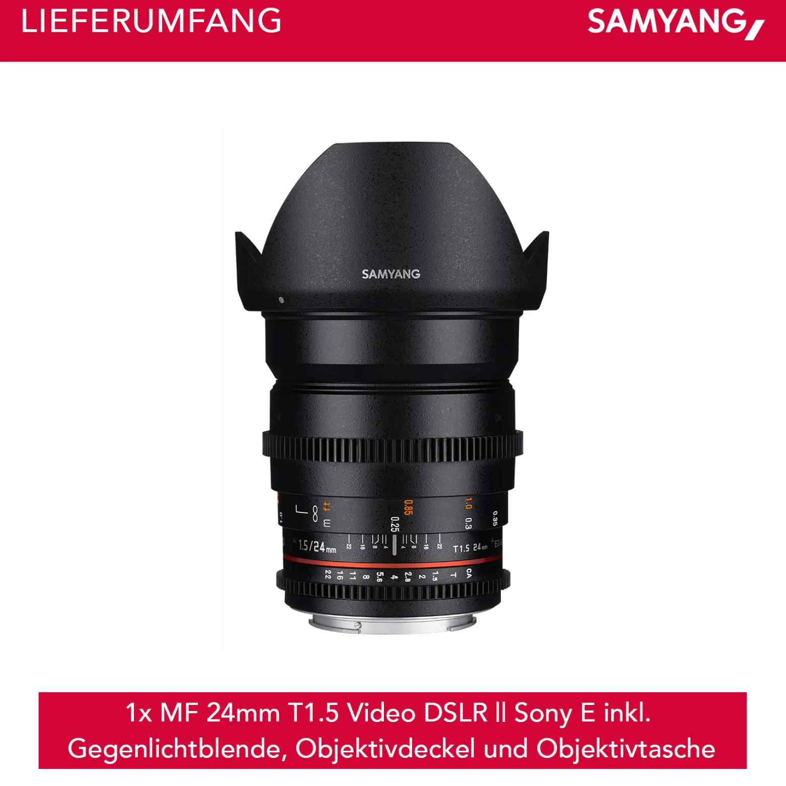 SAMYANG Objektiv Video DSLR II Sony E 24 mm / T1.5 Manueller Fokus Videoobjektiv 0,8 Zahnkranz Gear, Weitwinkelobjektiv, schwarz