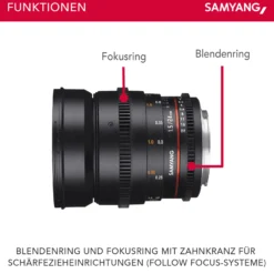 SAMYANG Objektiv Video DSLR II Sony E 24 mm / T1.5 Manueller Fokus Videoobjektiv 0,8 Zahnkranz Gear, Weitwinkelobjektiv, schwarz