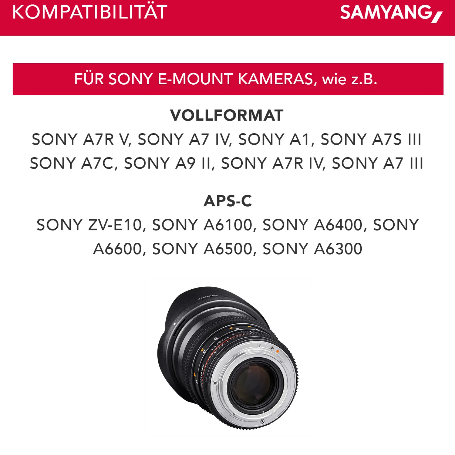 SAMYANG Objektiv Video DSLR II Sony E 24 mm / T1.5 Manueller Fokus Videoobjektiv 0,8 Zahnkranz Gear, Weitwinkelobjektiv, schwarz