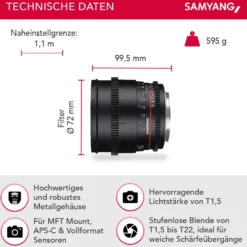 Samyang 85/1,5 Objektiv Video DSLR II MFT manueller Fokus Videoobjektiv 0,8 Zahnkranz Gear, Porträtobjektiv schwarz