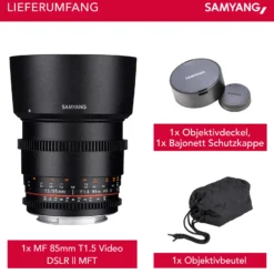 Samyang 85/1,5 Objektiv Video DSLR II MFT manueller Fokus Videoobjektiv 0,8 Zahnkranz Gear, Porträtobjektiv schwarz