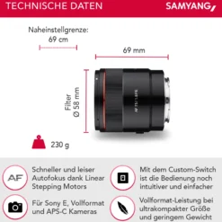 Samyang Porträt Objektiv AF 75mm F1.8 FE (Tiny but Absolute) - Autofokus Vollformat u. APS-C Festbrennweite - kompatibel mit Sony E Mount