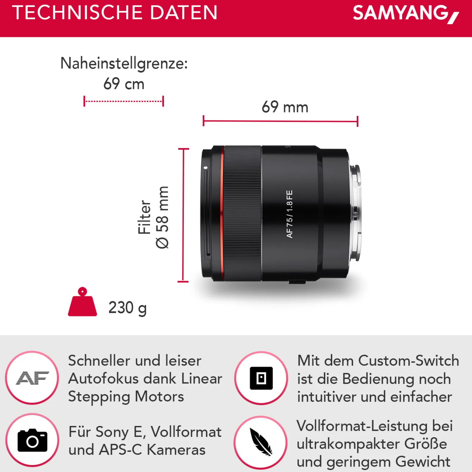 Samyang Porträt Objektiv AF 75mm F1.8 FE (Tiny but Absolute) - Autofokus Vollformat u. APS-C Festbrennweite - kompatibel mit Sony E Mount