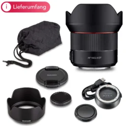 Samyang Set aus Weitwinkel Objektiv 8008 AF 14mm F2,8 EF kompatibel mit Canon EF und Lens Station – 116,6° Bildwinkel, präziser Autofokus – Festbrennweite für Spiegelreflex EF Vollformat & APS-C Kameras
