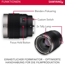 Samyang V-AF 100 mm T2,3 FE Video-Objektiv kompatibel mit Sony E, Kameraobjektiv mit Autofokus, 8K Auflösung, hohe Lichtstärke, integrierte Tally Lamp geeignet für Vollformat und APS-C