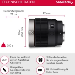 Samyang V-AF 100 mm T2,3 FE Video-Objektiv kompatibel mit Sony E, Kameraobjektiv mit Autofokus, 8K Auflösung, hohe Lichtstärke, integrierte Tally Lamp geeignet für Vollformat und APS-C