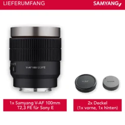 Samyang V-AF 100 mm T2,3 FE Video-Objektiv kompatibel mit Sony E, Kameraobjektiv mit Autofokus, 8K Auflösung, hohe Lichtstärke, integrierte Tally Lamp geeignet für Vollformat und APS-C