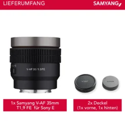 Samyang V-AF 35 mm T1,9 FE Video-Objektiv kompatibel mit Sony E, Kameraobjektiv mit Autofokus, 8K Auflösung, hohe Lichtstärke, integrierte Tally Lamp geeignet für Vollformat und APS-C