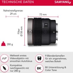 Samyang V-AF 35 mm T1,9 FE Video-Objektiv kompatibel mit Sony E, Kameraobjektiv mit Autofokus, 8K Auflösung, hohe Lichtstärke, integrierte Tally Lamp geeignet für Vollformat und APS-C