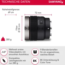 Samyang V-AF 75 mm T1,9 FE Video-Objektiv kompatibel mit Sony E, Kameraobjektiv mit Autofokus, 8K Auflösung, hohe Lichtstärke, integrierte Tally Lamp geeignet für Vollformat und APS-C