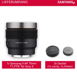 Samyang V-AF 75 mm T1,9 FE Video-Objektiv kompatibel mit Sony E, Kameraobjektiv mit Autofokus, 8K Auflösung, hohe Lichtstärke, integrierte Tally Lamp geeignet für Vollformat und APS-C