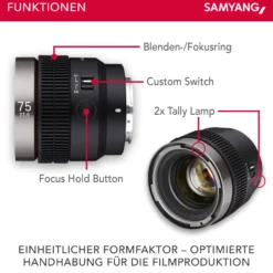 Samyang V-AF 75 mm T1,9 FE Video-Objektiv kompatibel mit Sony E, Kameraobjektiv mit Autofokus, 8K Auflösung, hohe Lichtstärke, integrierte Tally Lamp geeignet für Vollformat und APS-C