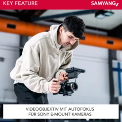 Samyang V-AF 75 mm T1,9 FE Video-Objektiv kompatibel mit Sony E, Kameraobjektiv mit Autofokus, 8K Auflösung, hohe Lichtstärke, integrierte Tally Lamp geeignet für Vollformat und APS-C