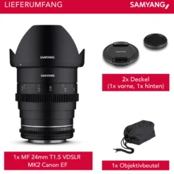 Samyang Weitwinkel Cine-und Videoobjektiv MF 24mm T1,5 VDSLR MK2 – lichtstark T1,5 kompatibel mit Canon EF Mount, 24mm Festbrennweite, Follow Focus Zahnkränze Vollformat und APS-C, 8K Auflösung