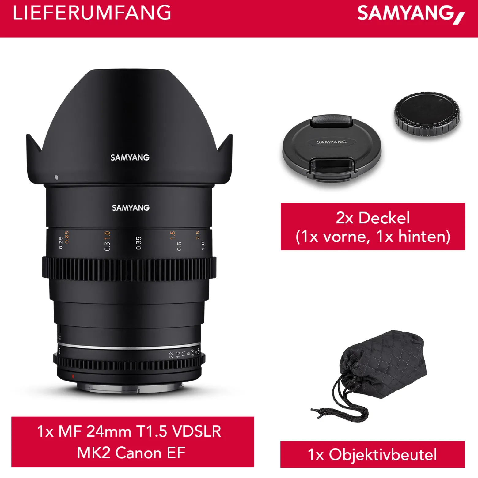 Samyang Weitwinkel Cine-und Videoobjektiv MF 24mm T1,5 VDSLR MK2 – lichtstark T1,5 kompatibel mit Canon EF Mount, 24mm Festbrennweite, Follow Focus Zahnkränze Vollformat und APS-C, 8K Auflösung