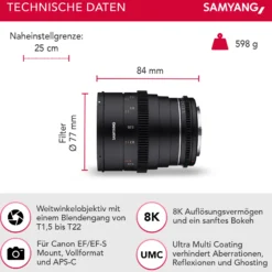 Samyang Weitwinkel Cine-und Videoobjektiv MF 24mm T1,5 VDSLR MK2 – lichtstark T1,5 kompatibel mit Canon EF Mount, 24mm Festbrennweite, Follow Focus Zahnkränze Vollformat und APS-C, 8K Auflösung