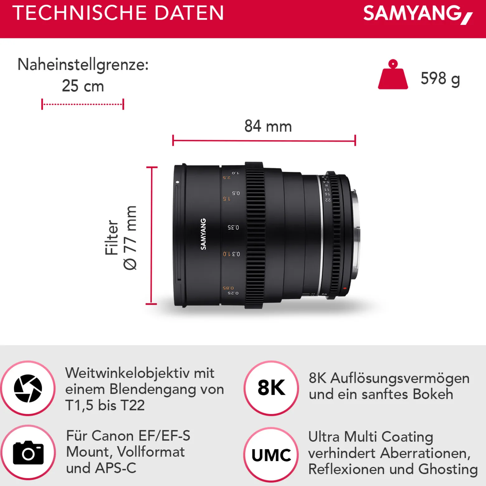 Samyang Weitwinkel Cine-und Videoobjektiv MF 24mm T1,5 VDSLR MK2 – lichtstark T1,5 kompatibel mit Canon EF Mount, 24mm Festbrennweite, Follow Focus Zahnkränze Vollformat und APS-C, 8K Auflösung