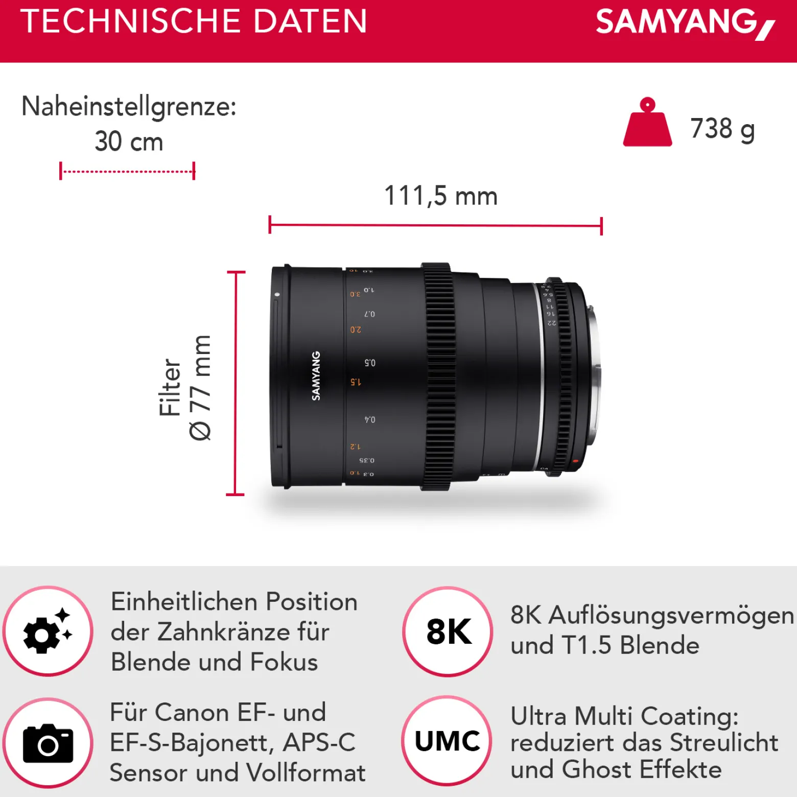 Samyang Weitwinkel Cine- und Video Objektiv MF 35mm T1,5 VDSLR MK2 EF – lichtstark T1,5 kompatibel mit Canon EF Mount, 35 mm Festbrennweite, Follow Focus Zahnkränze Vollformat und APS-C, 8K Auflösung