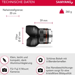 Samyang Weitwinkel Festbrennweite Objektiv 12mm F2.0 APS-C kompatibel mit Fuji X – APS-C, MF – für Kamera X-T5, X-H2, X-H2s, X-T4, X-T30, X-T30 II, X-T200, X-Pro3, X-A7, X-T100, X-T3 – schwarz