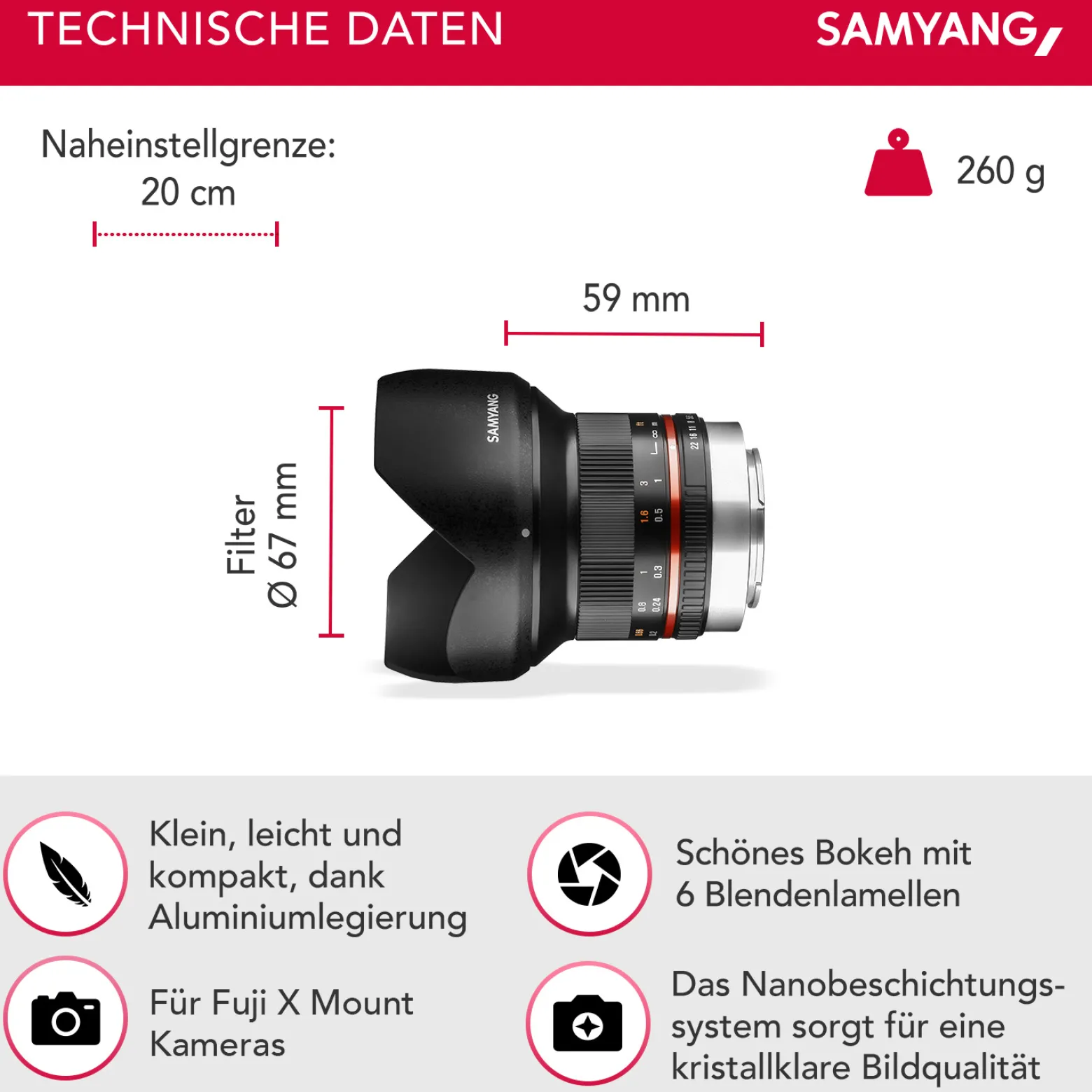 Samyang Weitwinkel Festbrennweite Objektiv 12mm F2.0 APS-C kompatibel mit Fuji X – APS-C, MF – für Kamera X-T5, X-H2, X-H2s, X-T4, X-T30, X-T30 II, X-T200, X-Pro3, X-A7, X-T100, X-T3 – schwarz