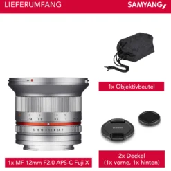 Samyang Weitwinkel Festbrennweite Objektiv 12mm F2.0 APS-C kompatibel mit Fuji X – APS-C, MF – silberfarben
