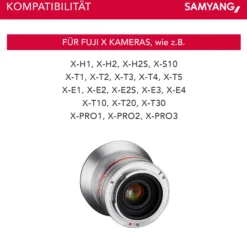 Samyang Weitwinkel Festbrennweite Objektiv 12mm F2.0 APS-C kompatibel mit Fuji X – APS-C, MF – silberfarben