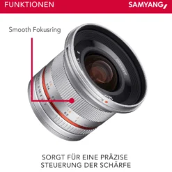 Samyang Weitwinkel Festbrennweite Objektiv 12mm F2.0 APS-C kompatibel mit Fuji X – APS-C, MF – silberfarben