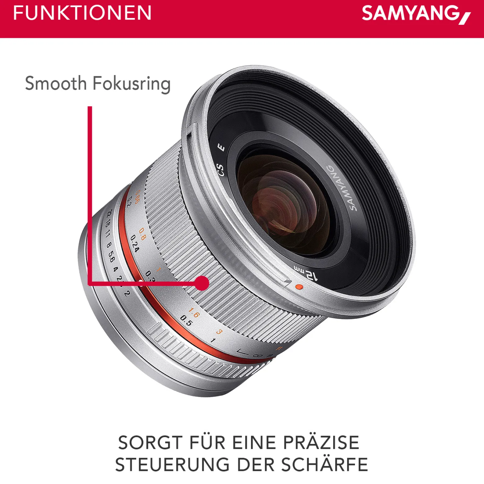 Samyang Weitwinkel Festbrennweite Objektiv 12mm F2.0 APS-C kompatibel mit Fuji X – APS-C, MF – silberfarben