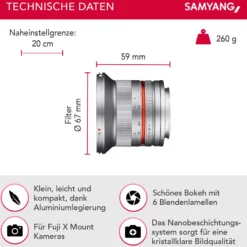 Samyang Weitwinkel Festbrennweite Objektiv 12mm F2.0 APS-C kompatibel mit Fuji X – APS-C, MF – silberfarben