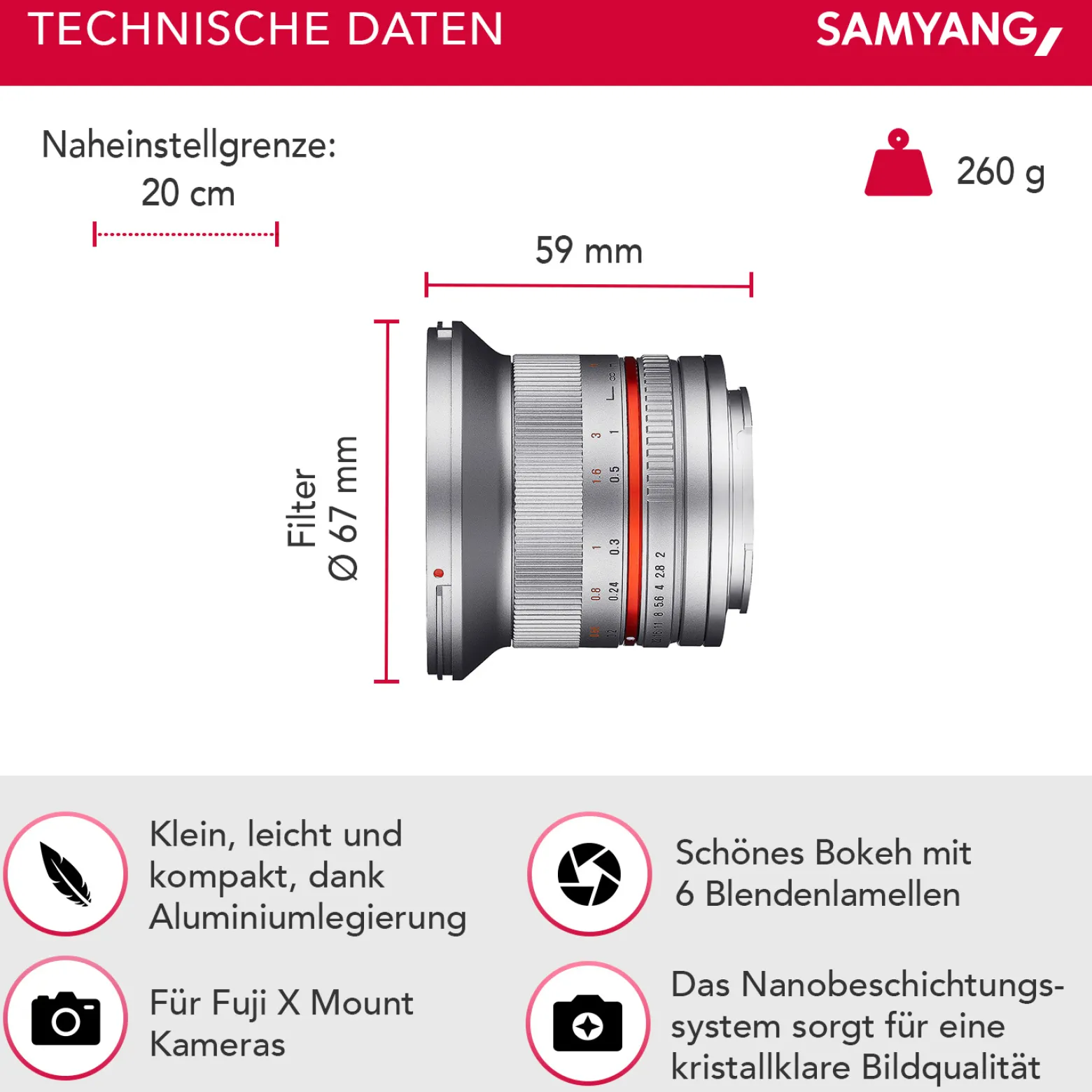 Samyang Weitwinkel Festbrennweite Objektiv 12mm F2.0 APS-C kompatibel mit Fuji X – APS-C, MF – silberfarben