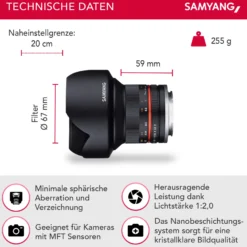 Samyang Weitwinkel Festbrennweite Objektiv 12mm F2.0 APS-C für MFT – APS-C, MF – kompatibel mit Olympus OM-D E-M1 III, Pen E PL10, OM-D E-M5 III, kompatibel mit Panasonic Lumix DC-G91 – schwarz