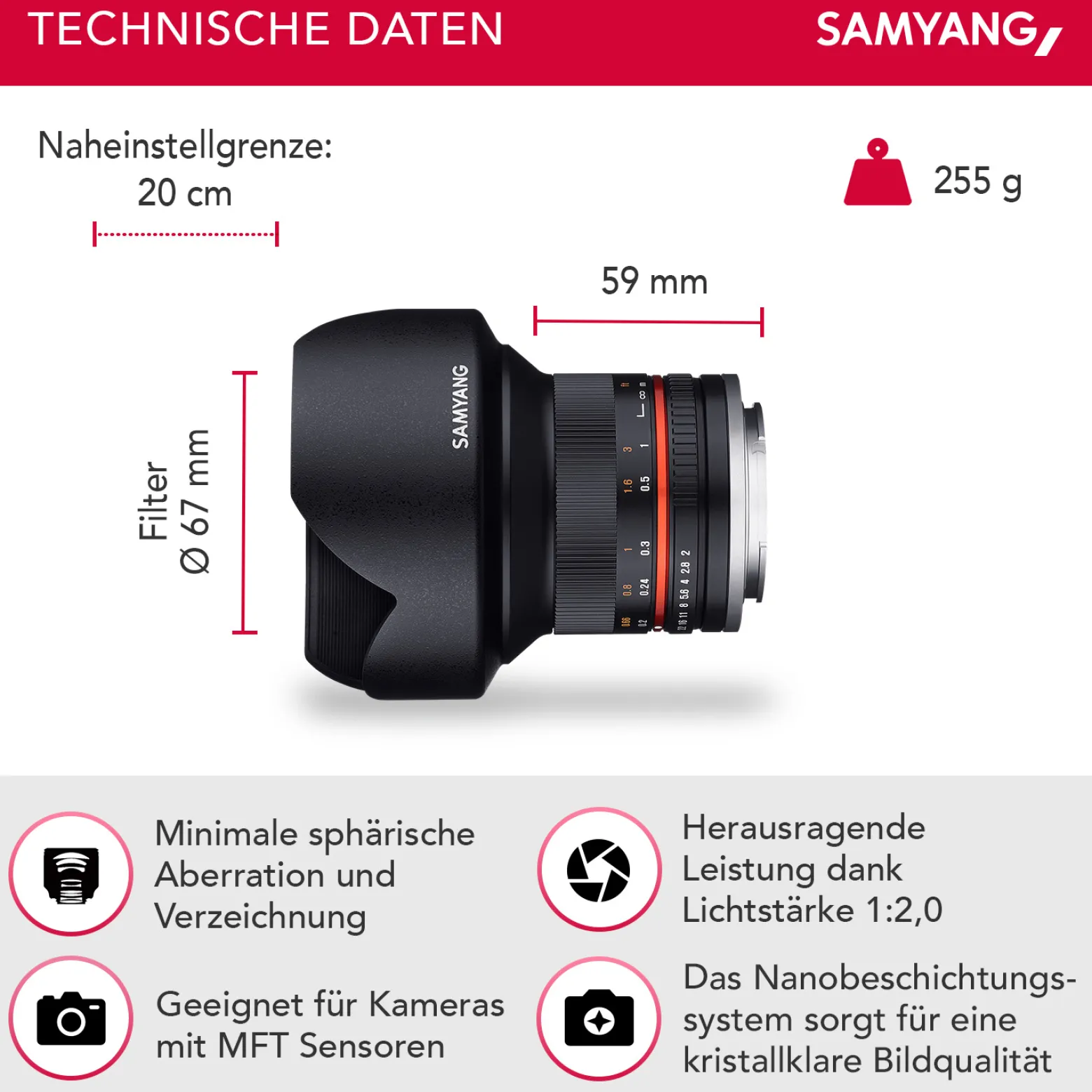 Samyang Weitwinkel Festbrennweite Objektiv 12mm F2.0 APS-C für MFT – APS-C, MF – kompatibel mit Olympus OM-D E-M1 III, Pen E PL10, OM-D E-M5 III, kompatibel mit Panasonic Lumix DC-G91 – schwarz