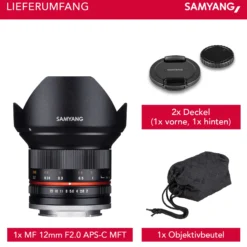 Samyang Weitwinkel Festbrennweite Objektiv 12mm F2.0 APS-C für MFT – APS-C, MF – kompatibel mit Olympus OM-D E-M1 III, Pen E PL10, OM-D E-M5 III, kompatibel mit Panasonic Lumix DC-G91 – schwarz