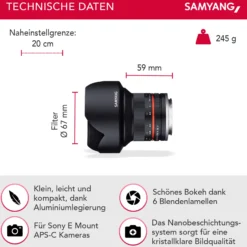 Samyang Weitwinkel Festbrennweite Objektiv 12mm F2.0 APS-C kompatibel mit Sony E – APS-C, MF – für Kameras Alpha 6600 6500 6400 6300 6100 6000 5100 5000 – schwarz